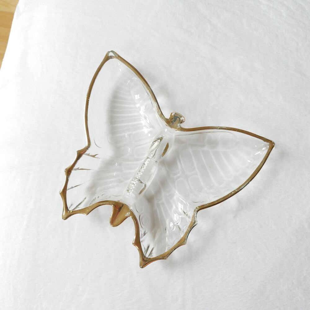 butterfly trinket dish | vintage clear glass with gold rim